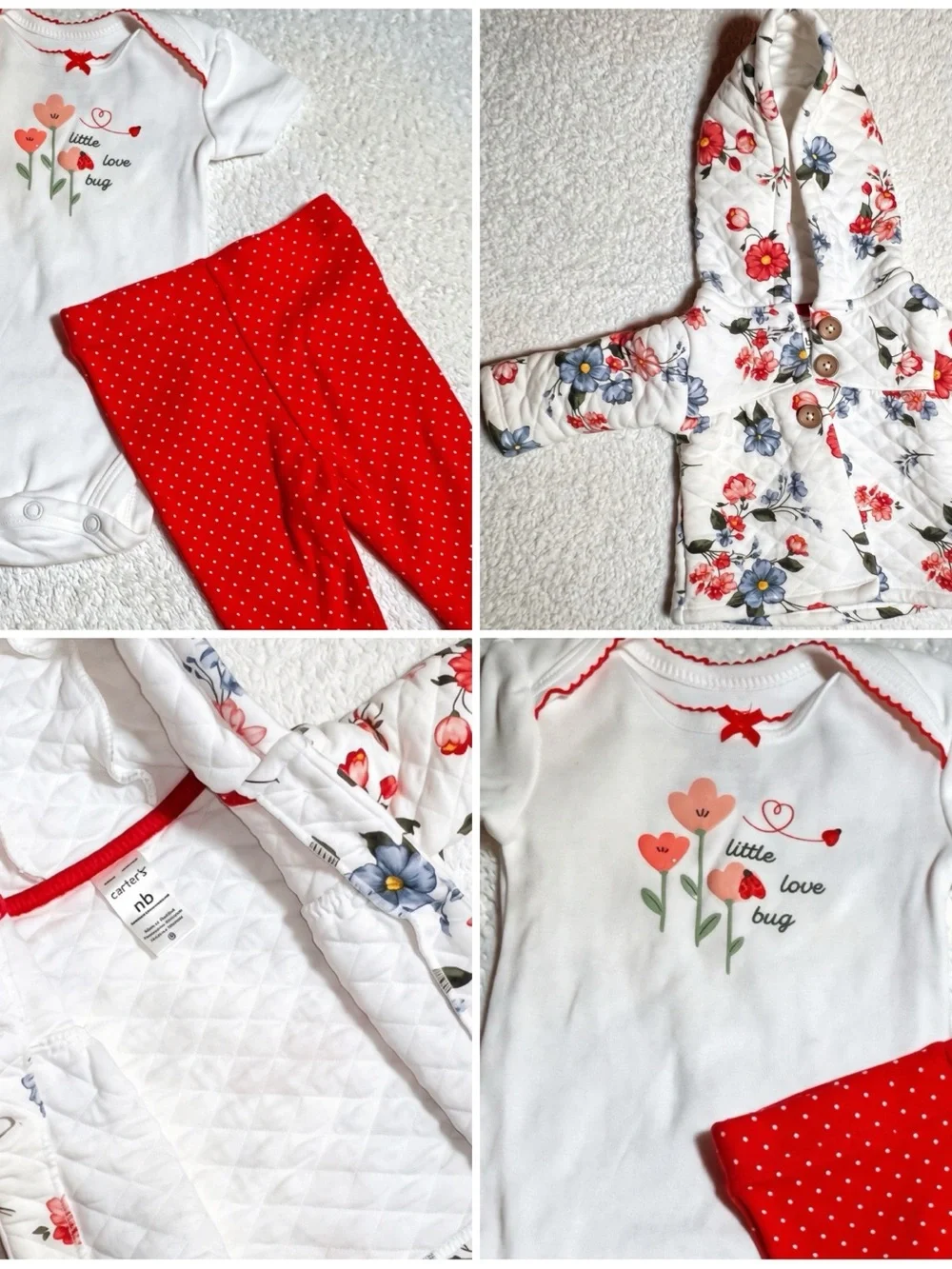 Carter's Baby Girls Red & White Floral Hooded Jacket, Onesie with Red Pants